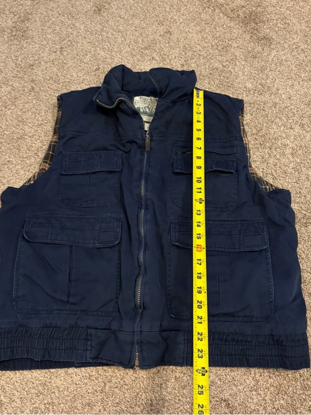Field & Stream Men’s Navy Plaid Flannel Lined Quilted Utility Vest Size Large